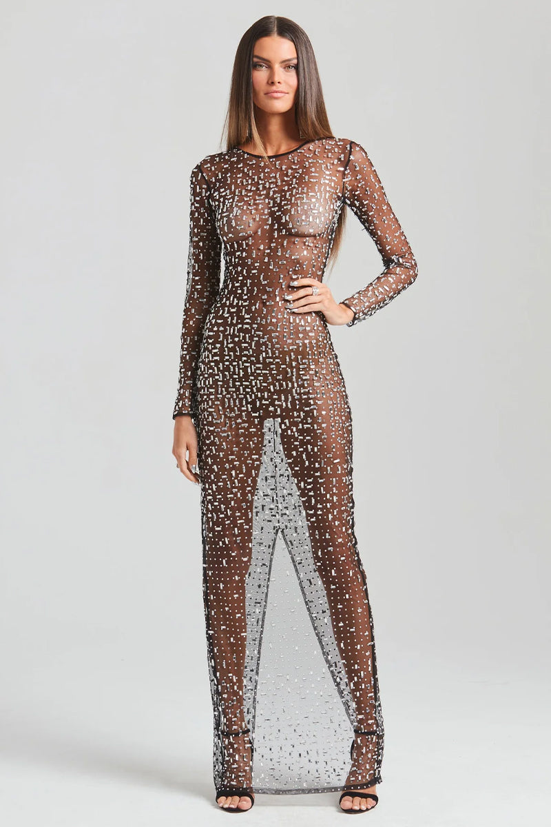 Color_Black | Dazzled Up Crystal Embellished Sheer Maxi Dress | Jewelclues