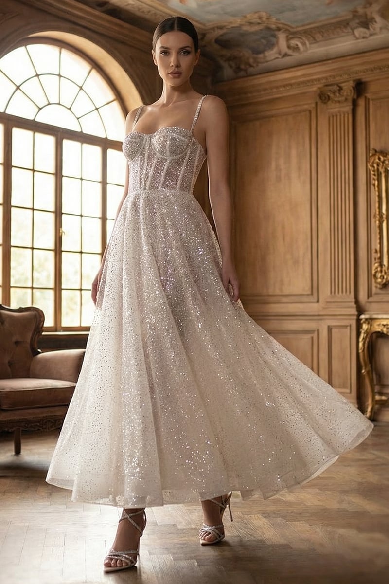 Dazzling Moi Glitter Sleeveless Midi Dress | Jewelclues | #color_white