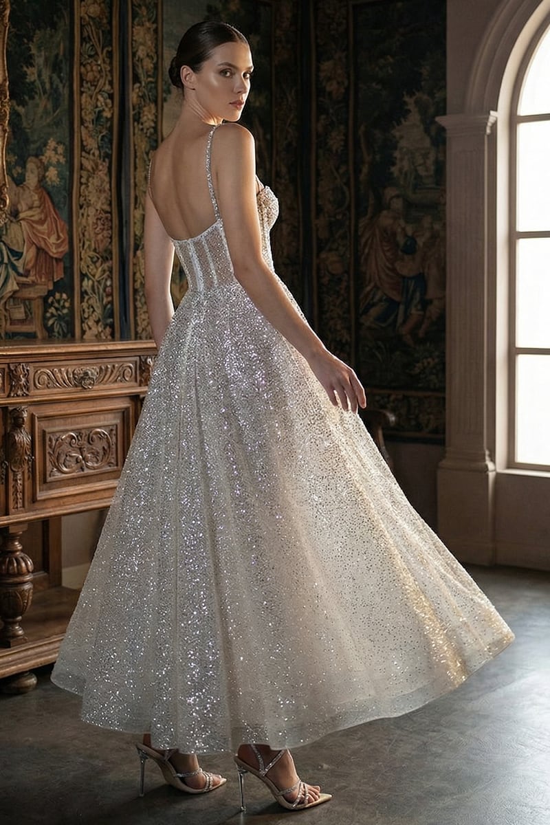 Dazzling Moi Glitter Sleeveless Midi Dress | Jewelclues | #color_white