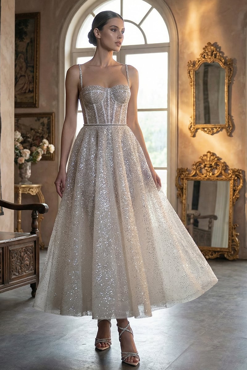 Dazzling Moi Glitter Sleeveless Midi Dress | Jewelclues | #color_white