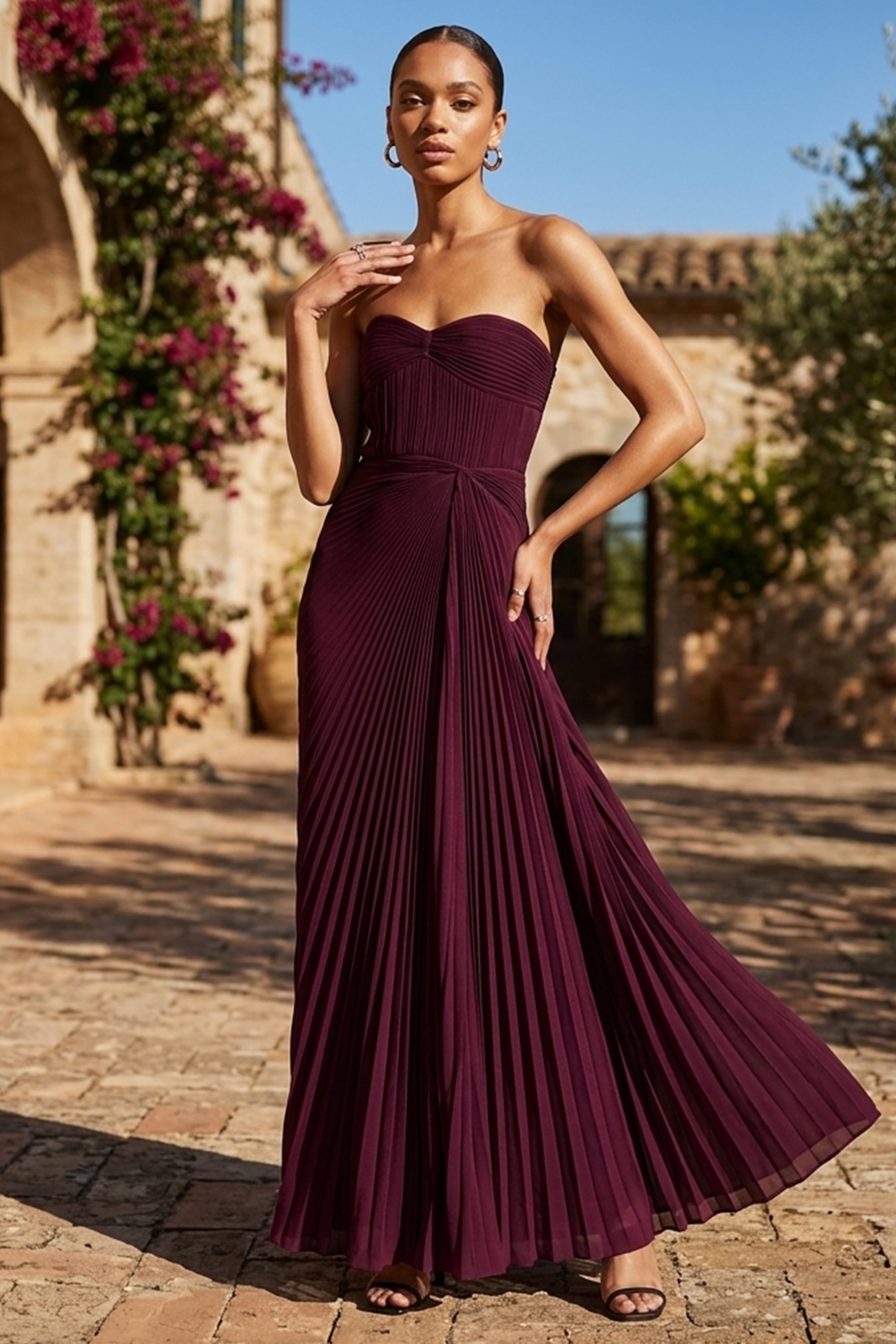Divina Pleated Strapless Gown | JewelClues #color_wine