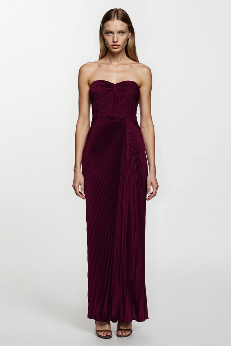 Divina Pleated Strapless Gown | Jewelclues #color_wine