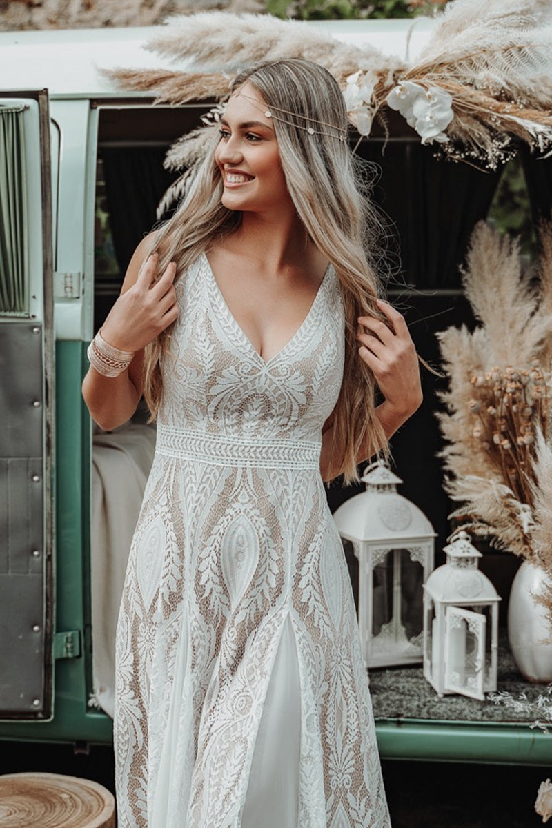 Divine Lace Bohemian A-line Wedding Dress | Jewelclues