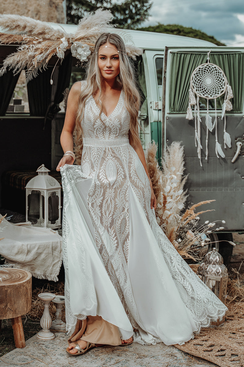 Divine Lace Bohemian A-line Wedding Dress | Jewelclues