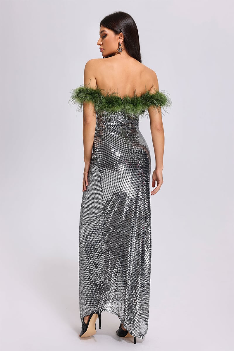 Dolly Feather Trimmed Sequin Maxi Dress | Jewelclues