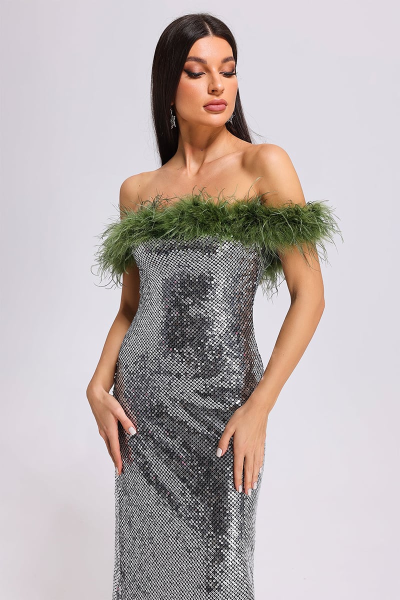 Dolly Feather Trimmed Sequin Maxi Dress | Jewelclues