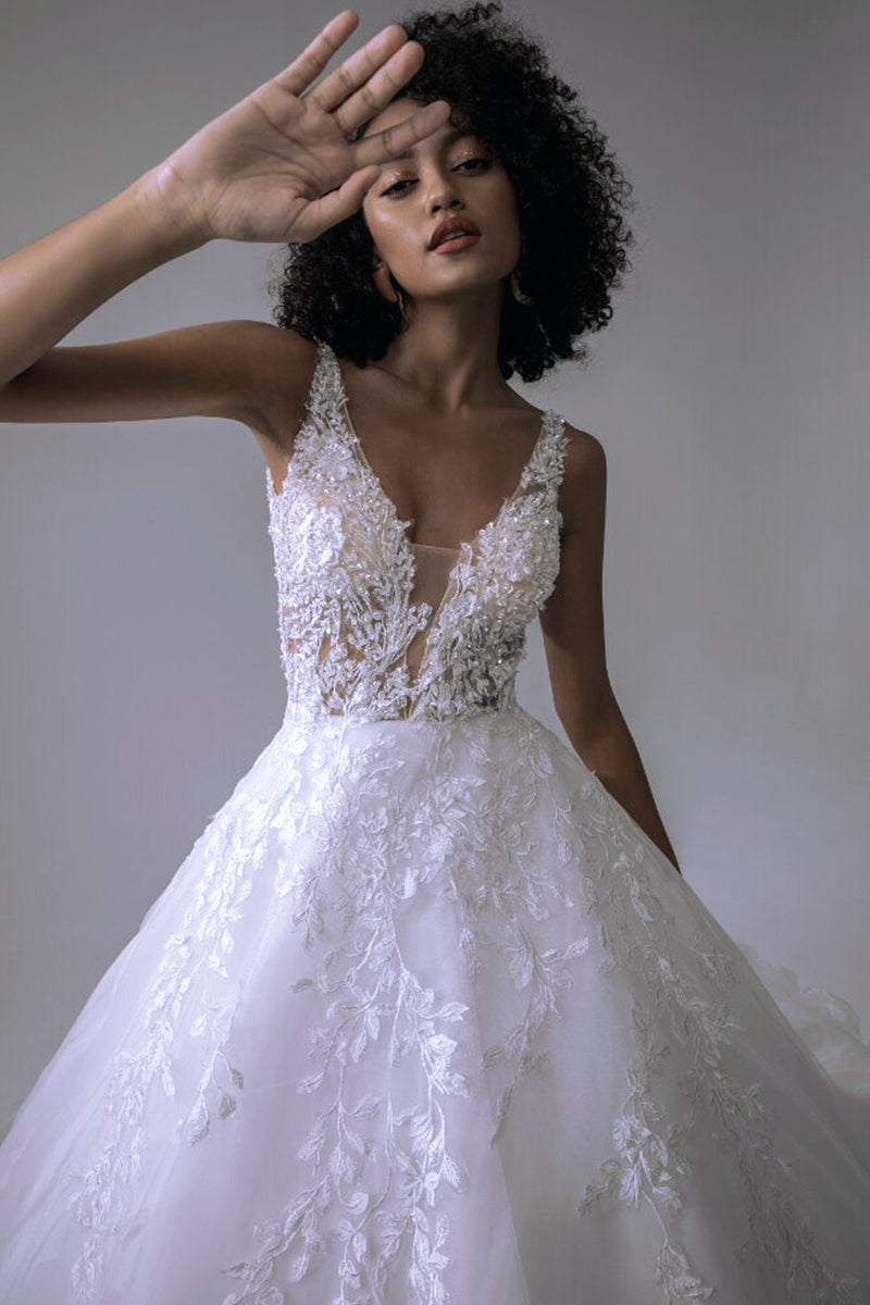 Dream Lace Applique Tulle A-Line Wedding Dress | Jewelclues #color_white