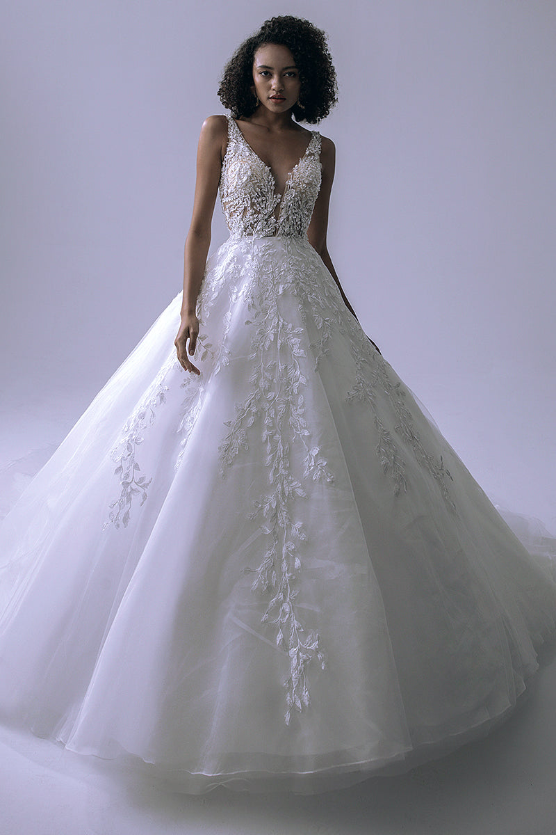 Dream Lace Applique Tulle A-Line Wedding Dress | Jewelclues #color_white