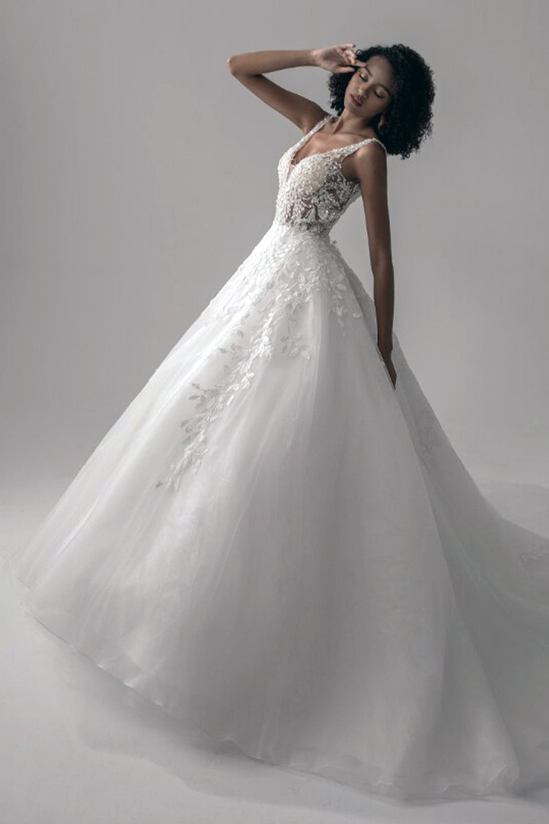 Dream Lace Applique Tulle A-Line Wedding Dress | Jewelclues #color_ivory