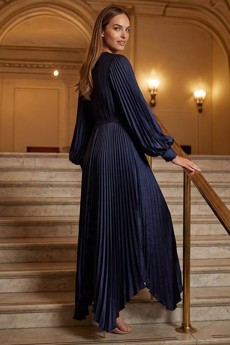 Elaraine Pleated Tea-Length Dress | Jewelclues #color_navy blue