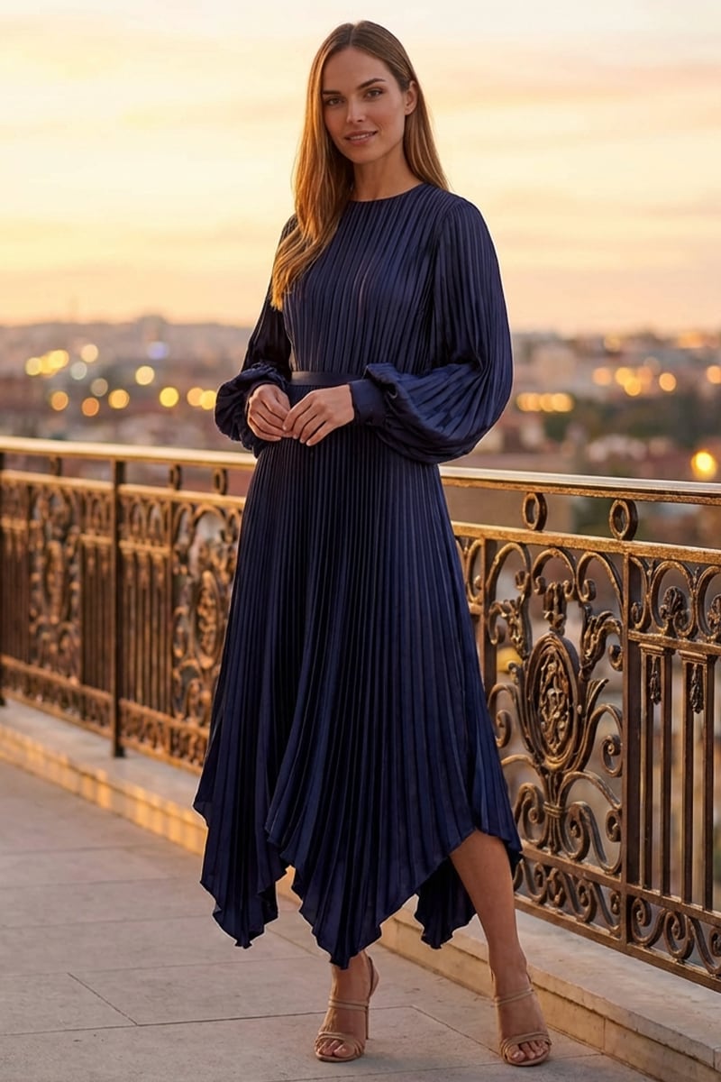 Elaraine Pleated Tea-Length Dress | Jewelclues #color_navy blue