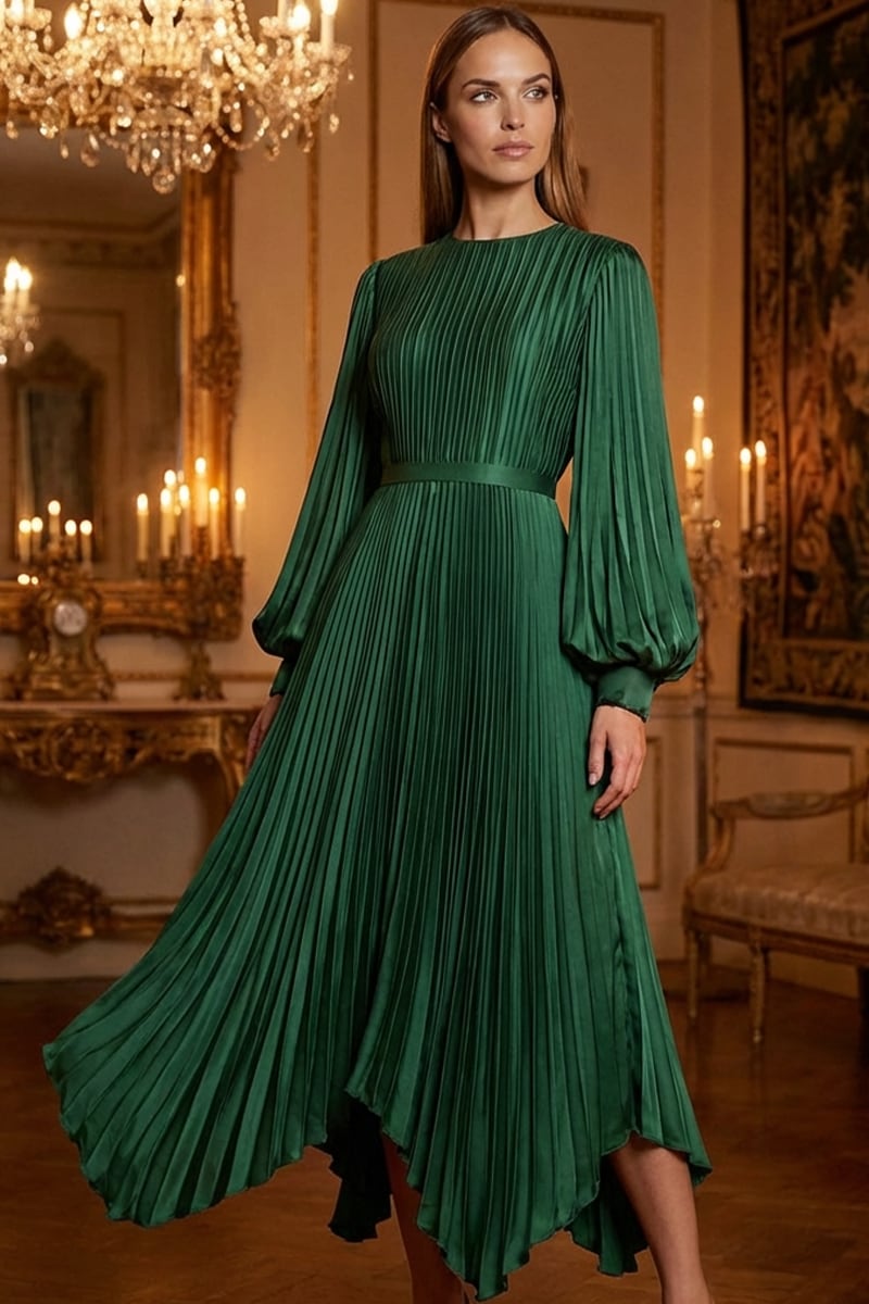 Elaraine Pleated Tea-Length Dress | Jewelclues #color_emerald green