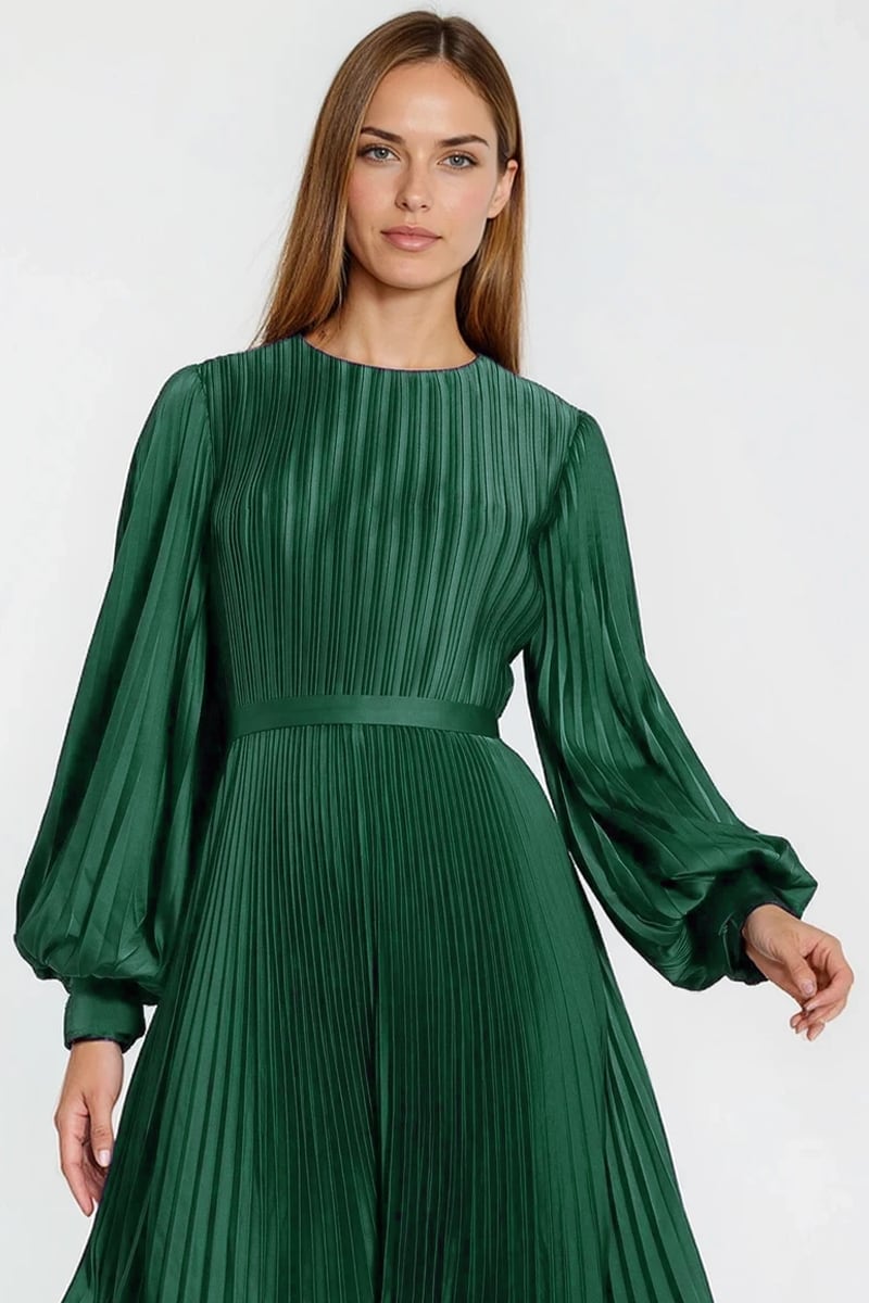 Elaraine Pleated Tea-Length Dress | Jewelclues #color_emerald green