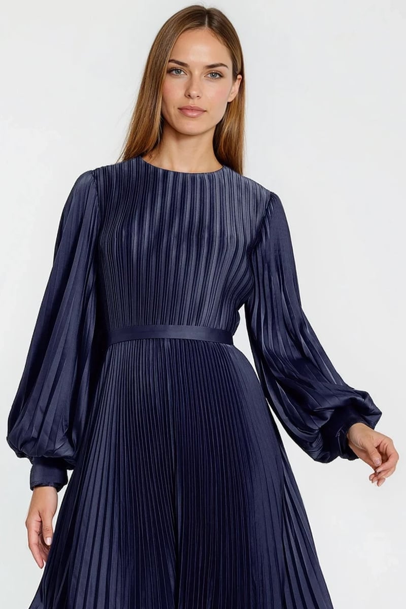 Elaraine Pleated Tea-Length Dress | Jewelclues #color_navy blue