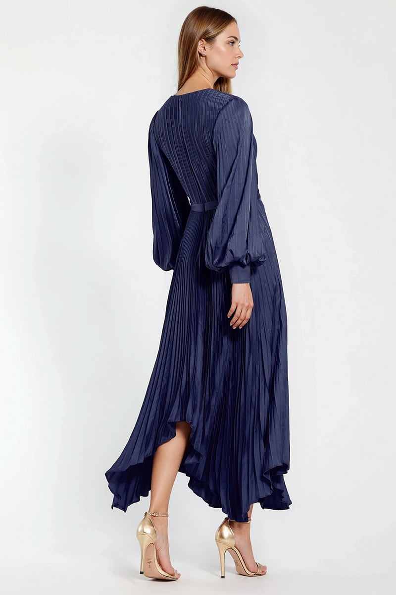 Elaraine Pleated Tea-Length Dress | Jewelclues #color_navy blue