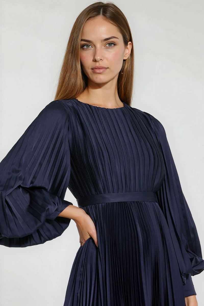 Elaraine Pleated Tea-Length Dress | Jewelclues #color_navy blue