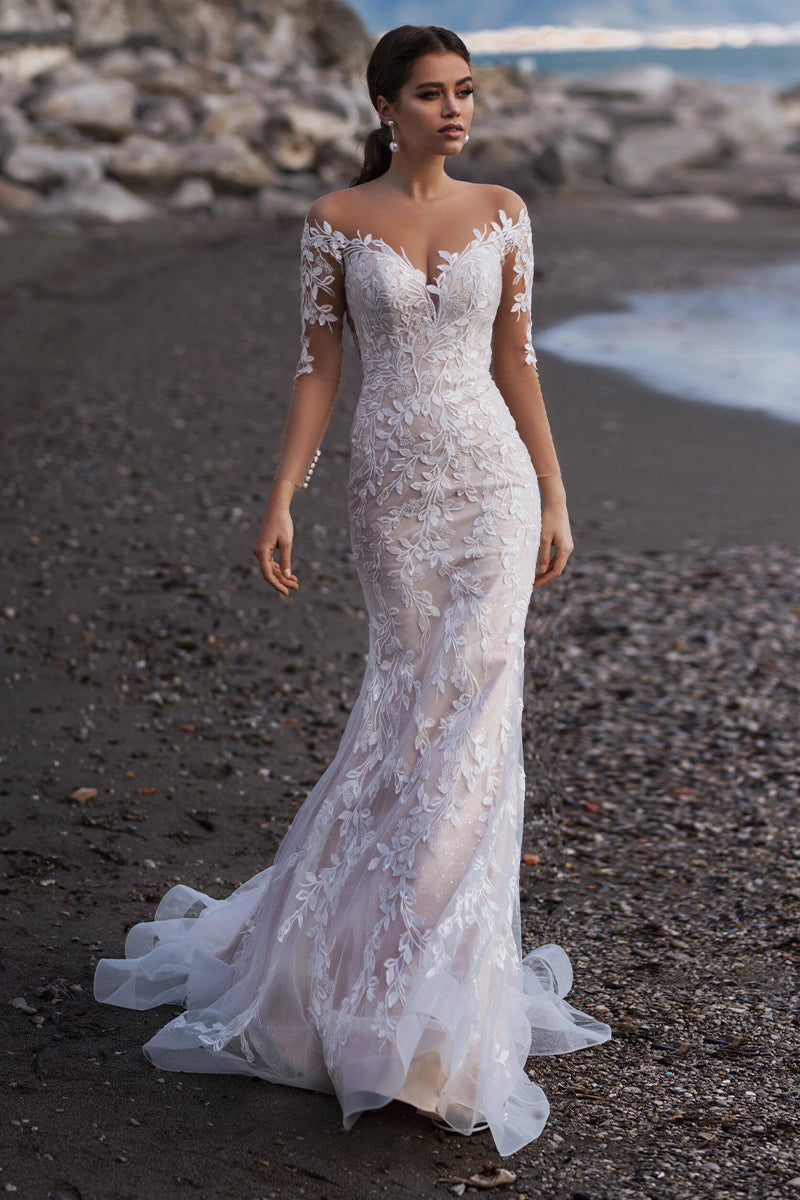 Elena Lace Applique Mermaid Wedding Dress | Jewelclues