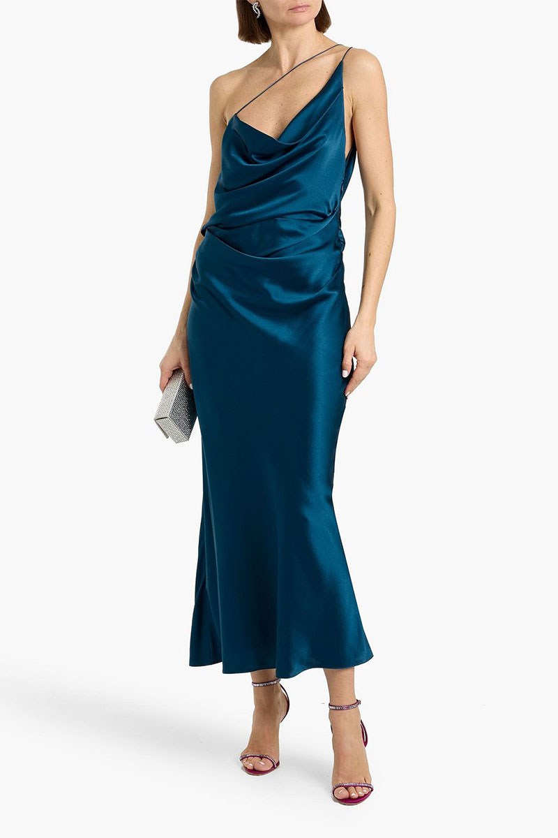 Elina Asymmetric Satin Midi Dress | JewelClues