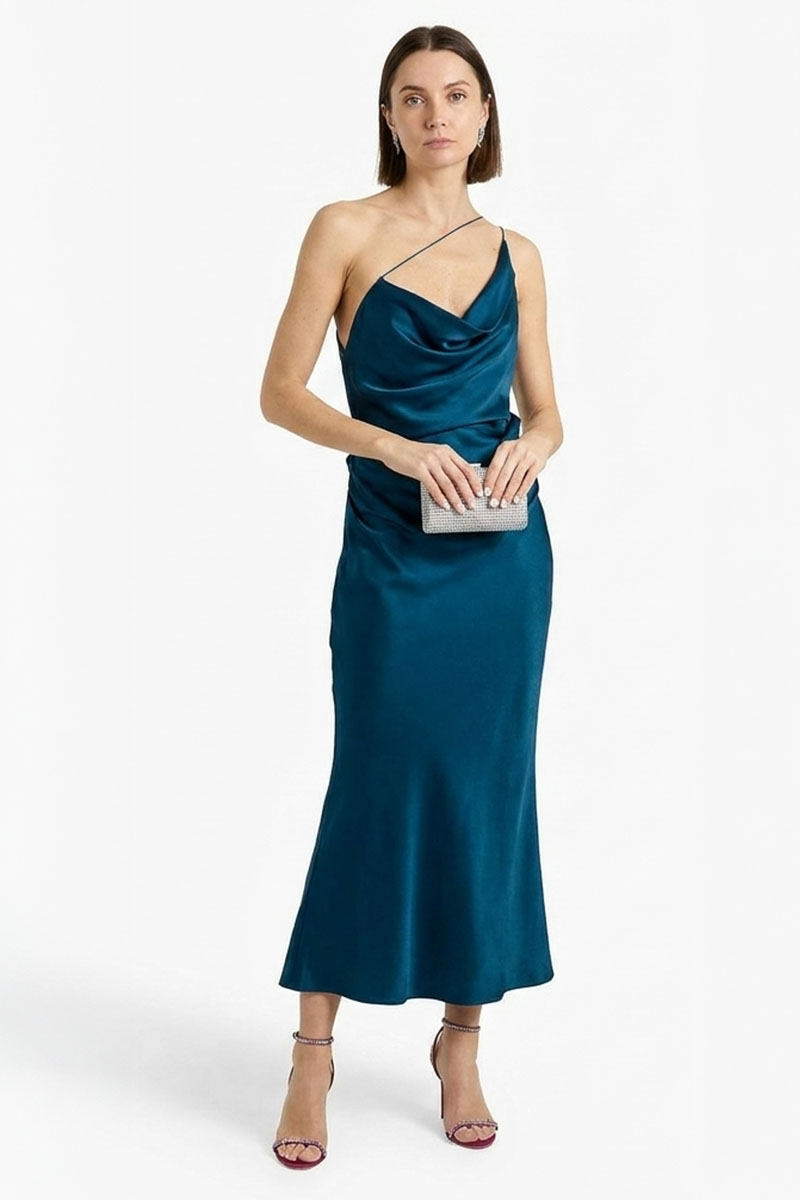 Elina Asymmetric Satin Midi Dress | JewelClues