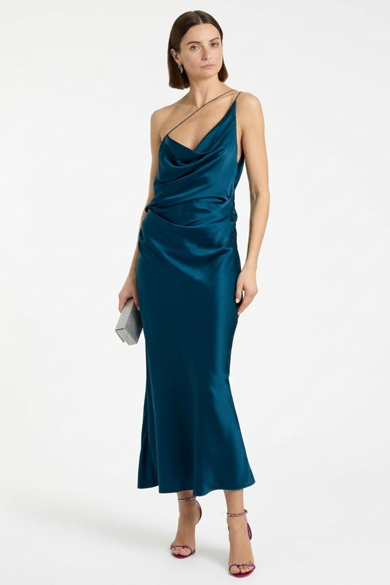 Elina Asymmetric Satin Midi Dress | JewelClues