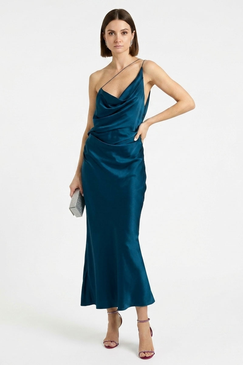 Elina Asymmetric Satin Midi Dress | JewelClues