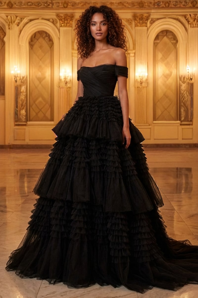 Elodie Frill-Layered Ball Gown | Jewelclues | #color_black