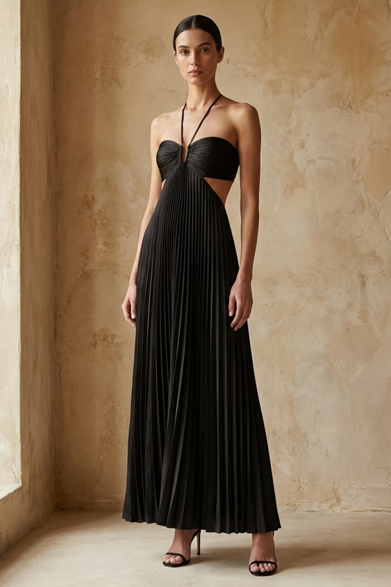 Elvira Pleated Satin Halter Maxi Dress | Jewelclues #color_black