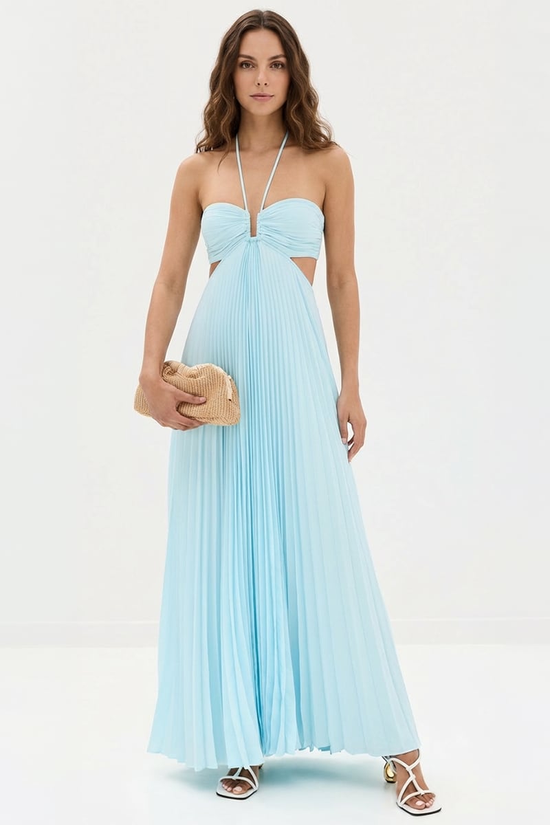 Elvira Pleated Satin Halter Maxi Dress | JewelClues #color_sky blue
