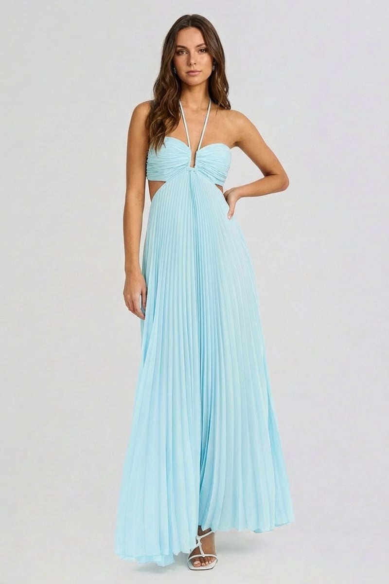 Elvira Pleated Satin Halter Maxi Dress | JewelClues #color_sky blue
