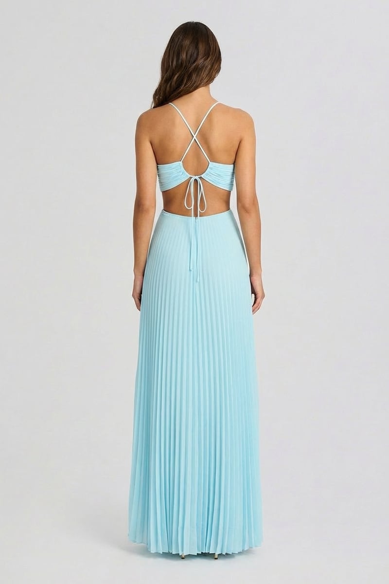 Elvira Pleated Satin Halter Maxi Dress | JewelClues #color_sky blue
