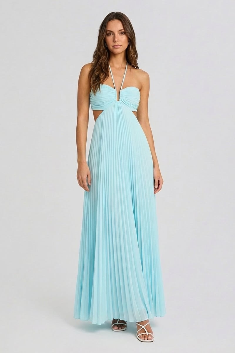 Elvira Pleated Satin Halter Maxi Dress | JewelClues #color_sky blue