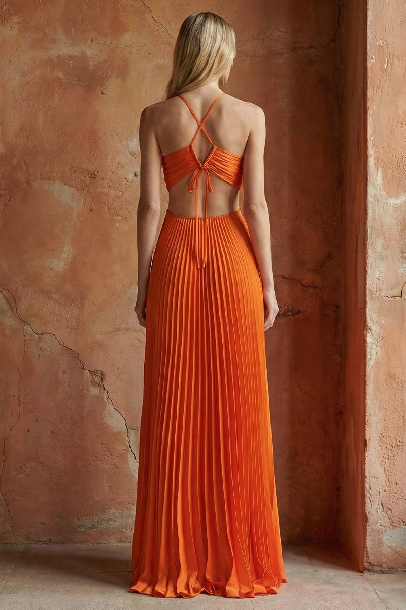 Elvira Pleated Satin Halter Maxi Dress | Jewelclues #color_orange