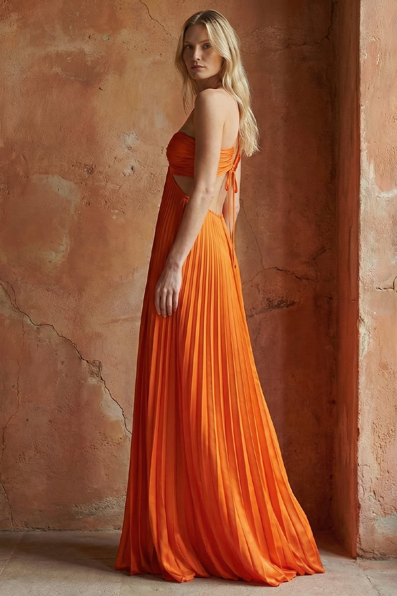 Elvira Pleated Satin Halter Maxi Dress | Jewelclues #color_orange