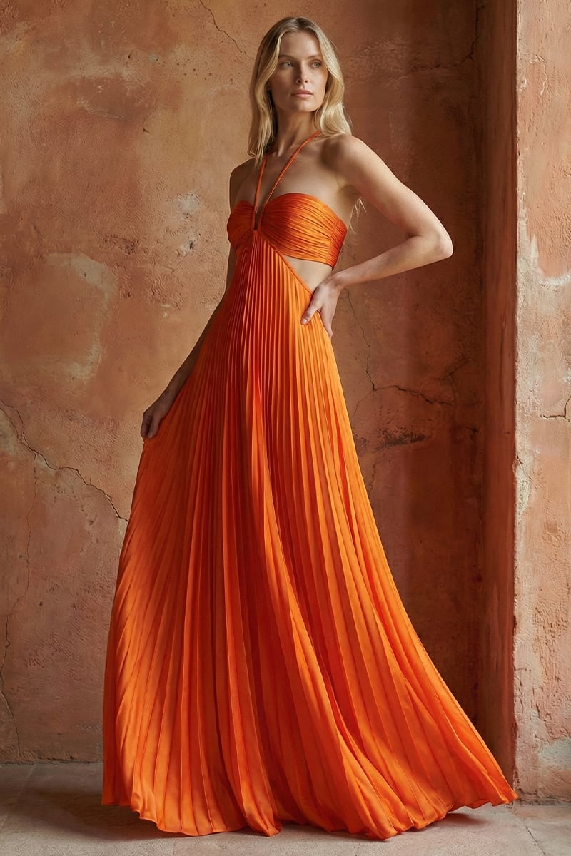 Elvira Pleated Satin Halter Maxi Dress | Jewelclues #color_orange