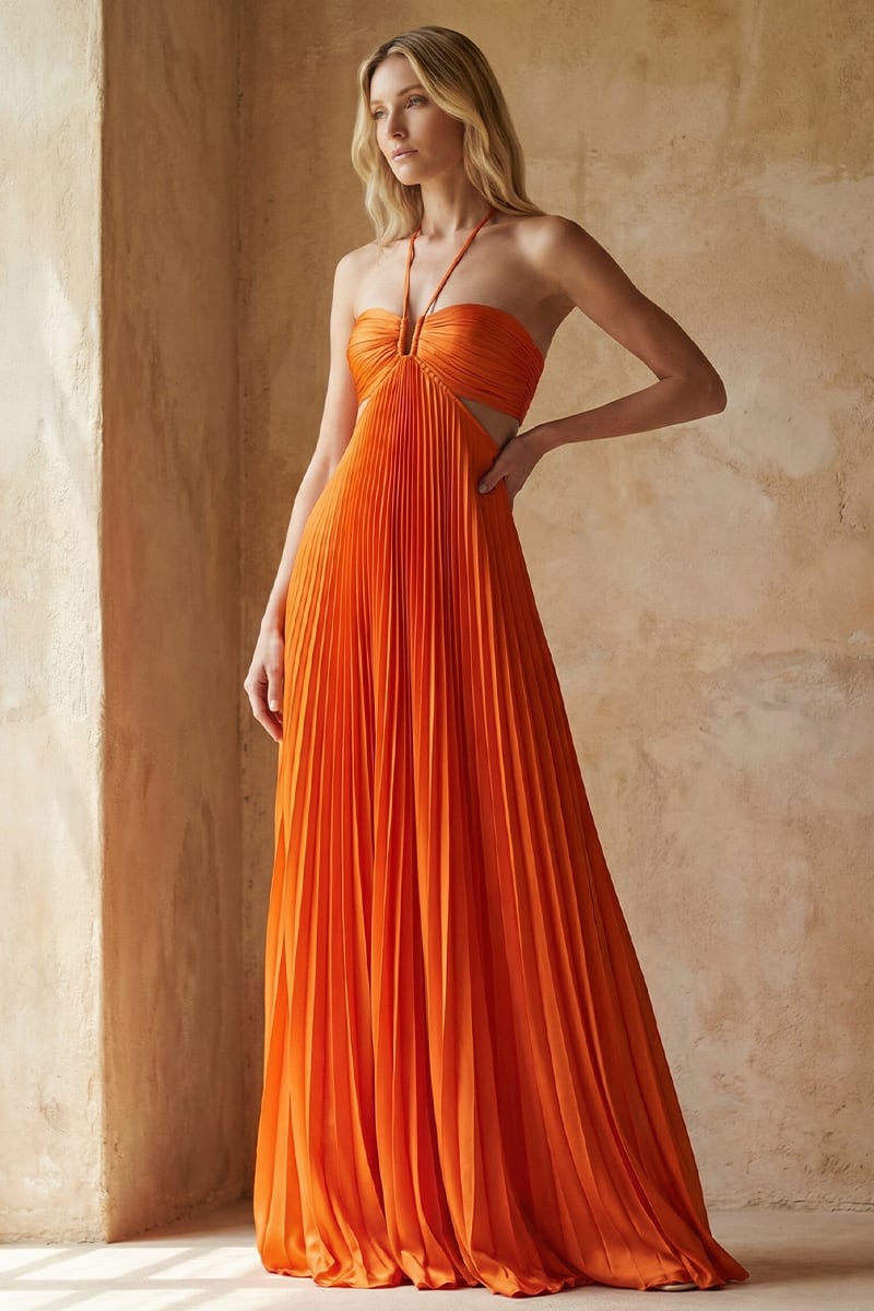 Elvira Pleated Satin Halter Maxi Dress | Jewelclues #color_orange