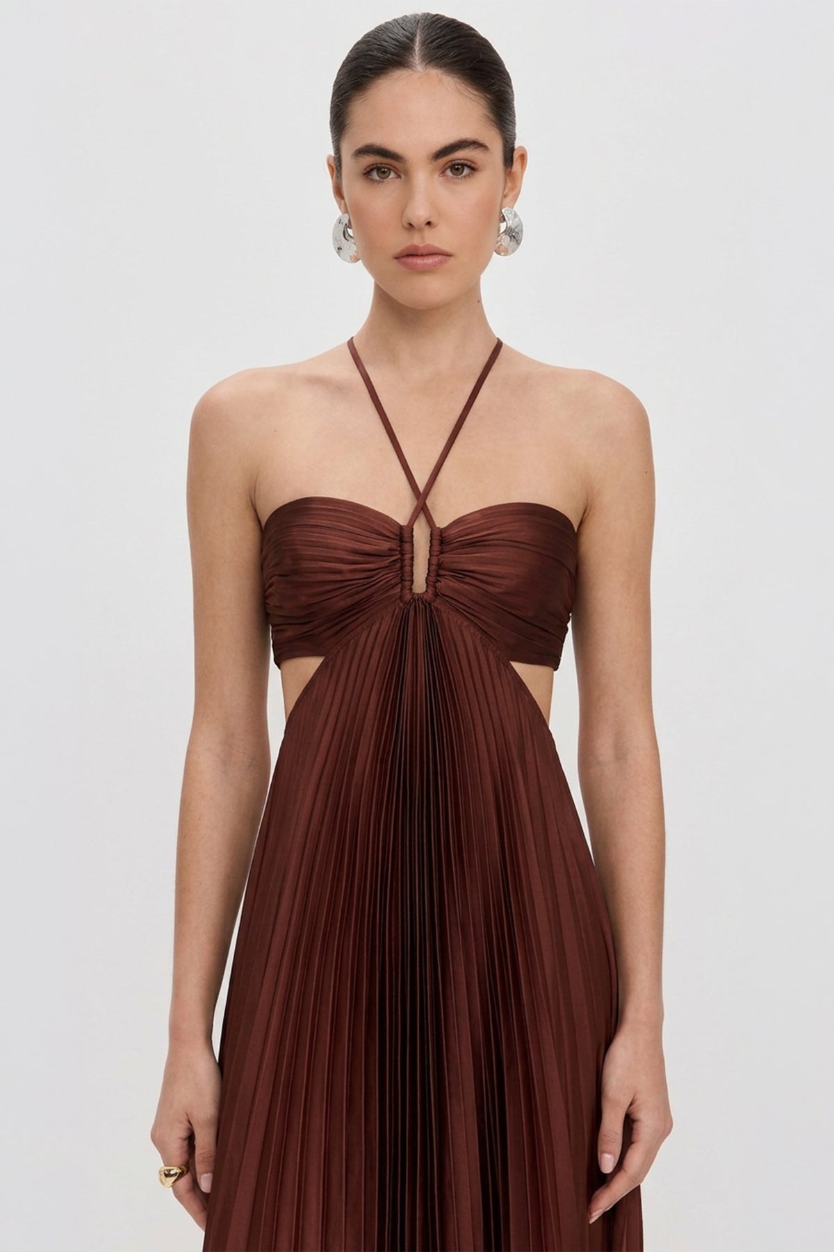 Elvira Pleated Satin Halter Maxi Dress | JewelClues #color_rust