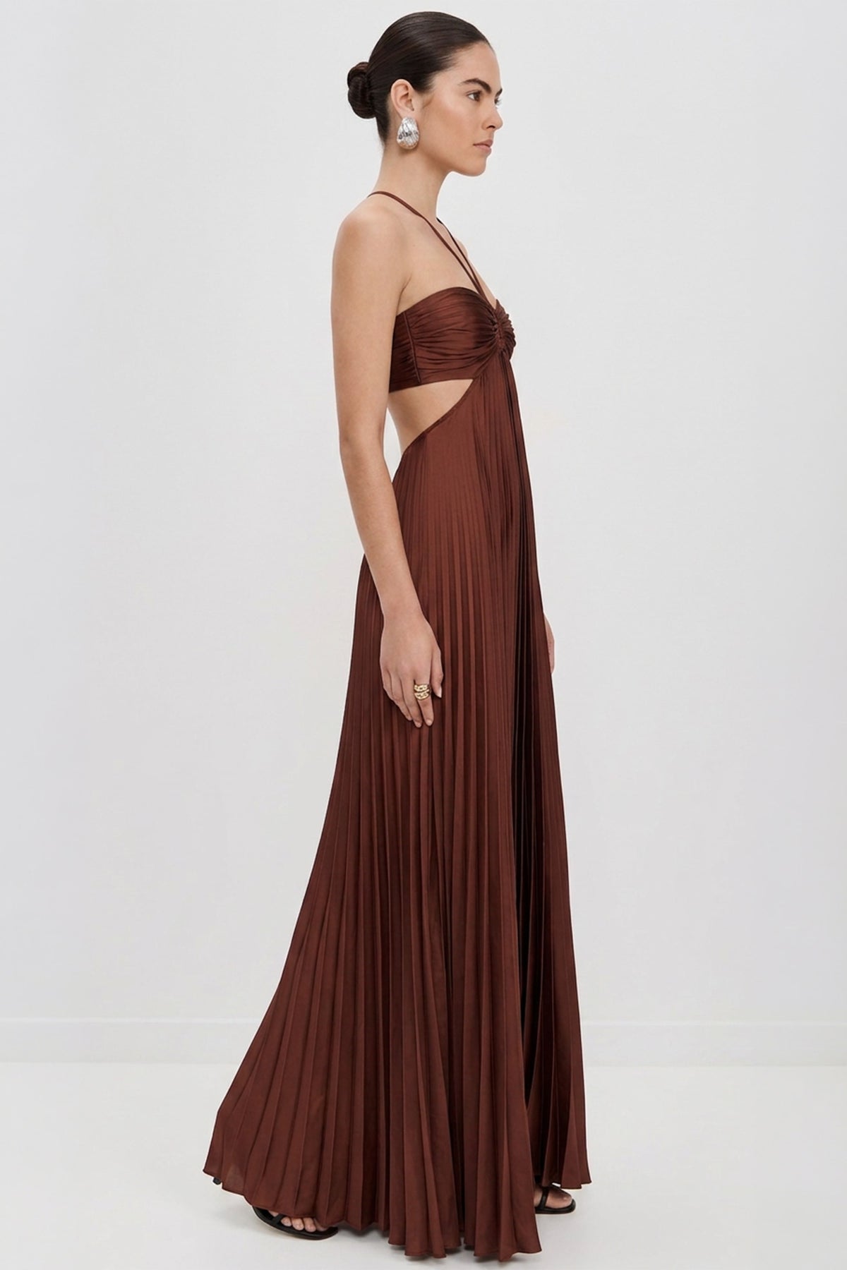 Elvira Pleated Satin Halter Maxi Dress | JewelClues #color_rust