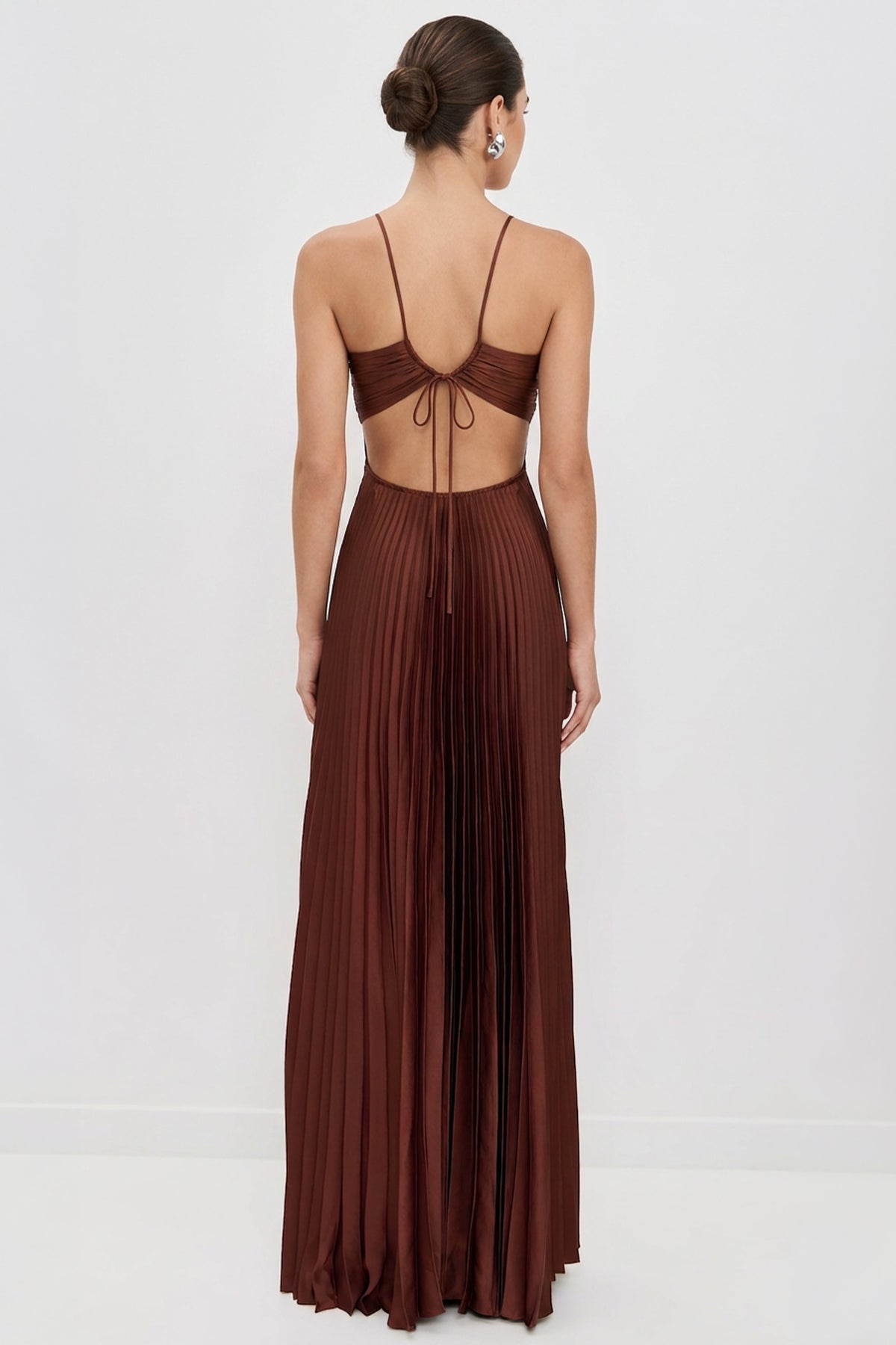 Elvira Pleated Satin Halter Maxi Dress | JewelClues #color_rust