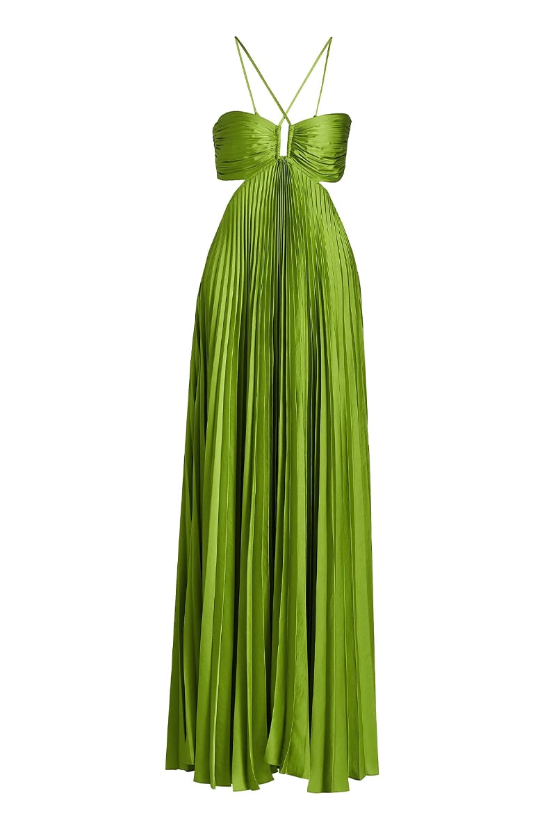 Elvira Pleated Satin Halter Maxi Dress | Jewelclues #color_lime green