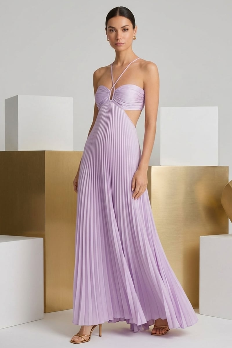 Elvira Pleated Satin Halter Maxi Dress | JewelClues #color_lilac