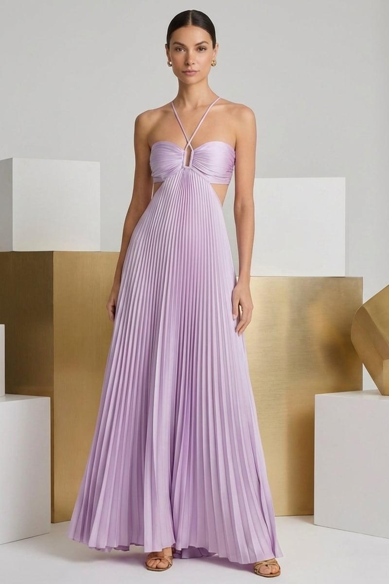 Elvira Pleated Satin Halter Maxi Dress | JewelClues #color_lilac