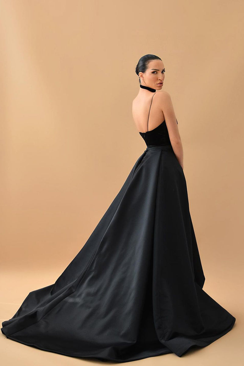 Evening Glamour Black Satin Backless Gown | Jewelclues
