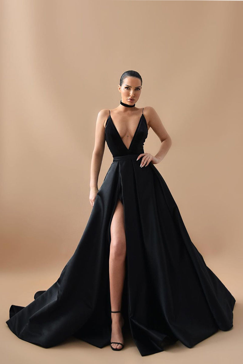 Evening Glamour Black Satin Backless Gown | Jewelclues