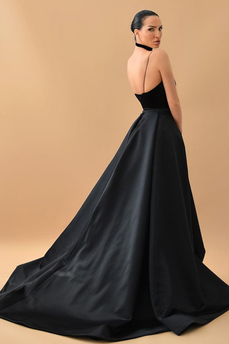 Evening Glamour Black Satin Backless Gown | Jewelclues