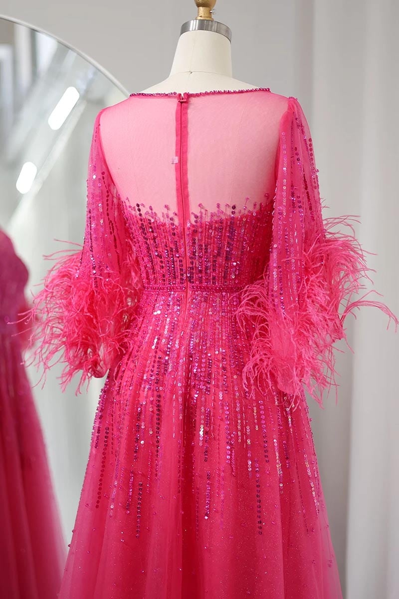Evening Poem Sequin Feather Maxi Dress | Jewelclues #color_fuchsia