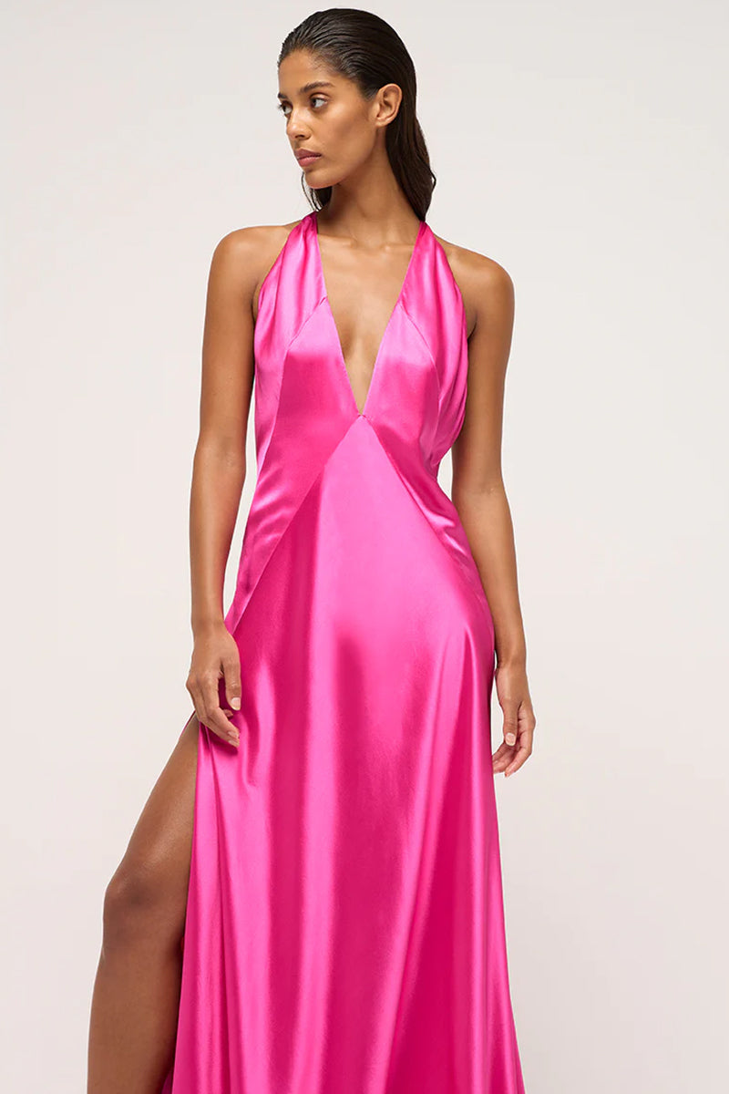 Evianna Backless Satin Maxi Dress | Jewelclues | #color_fuchsia