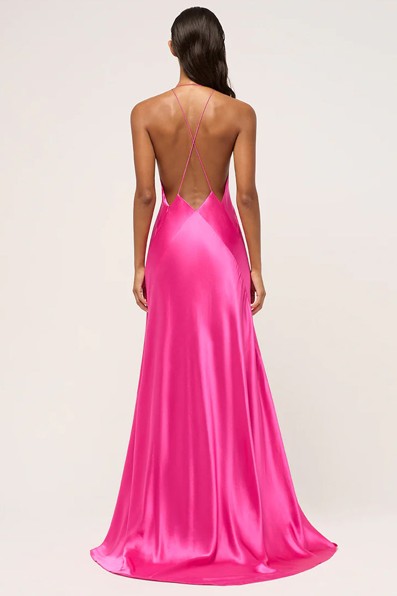 Color_Fuchsia | Evianna Backless Satin Maxi Dress | Jewelclues