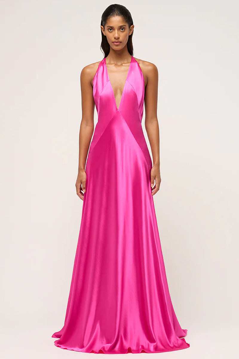 Color_Fuchsia | Evianna Backless Satin Maxi Dress | Jewelclues