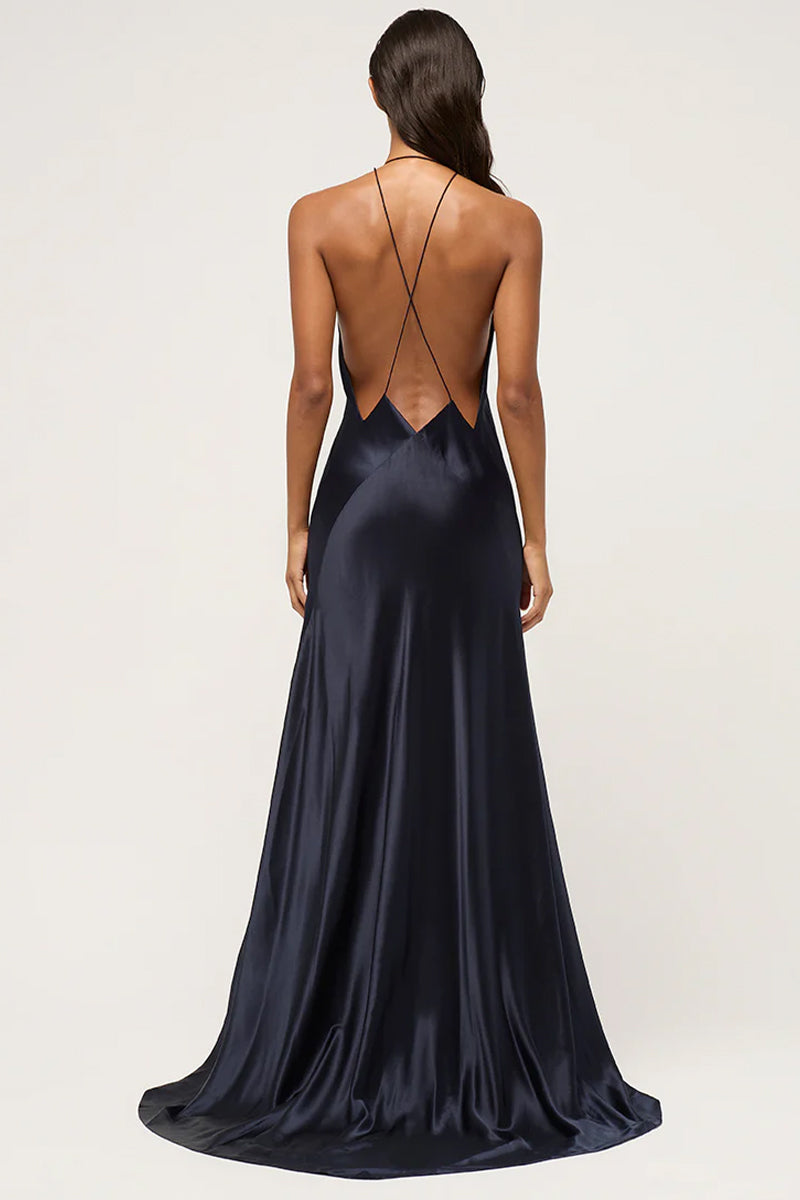 Evianna Backless Satin Maxi Dress | Jewelclues | #color_navy blue