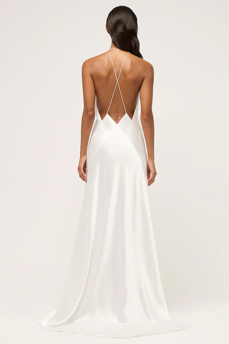 Color_White | Evianna Backless Satin Maxi Dress | Jewelclues